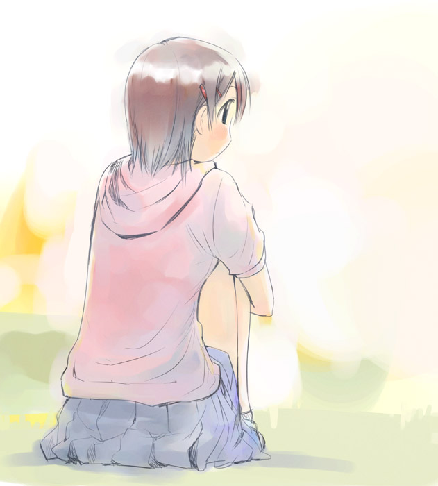 ikeda jun (mizutamari), original, looking away, painting (medium), traditional media, watercolor (medium), 1girl, female focus, hugging own legs, short hair, sketch, solo