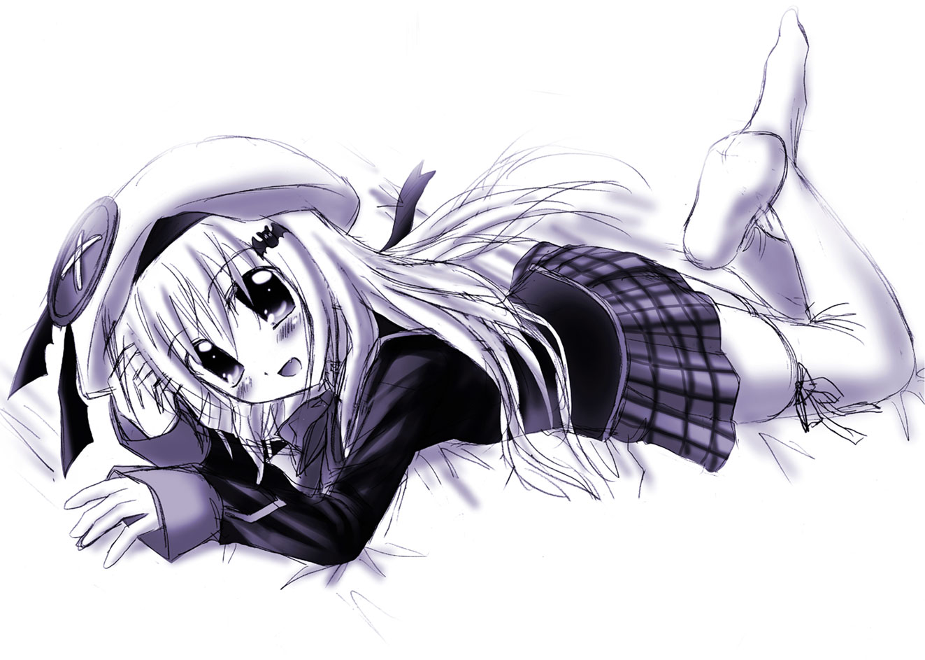 otoki raku, noumi kudryavka, little busters!, 1girl, buttons, female focus, hat, large buttons, long hair, lying, monochrome, plaid clothes, plaid skirt, purple theme, school uniform, serafuku, skirt, solo, thighhighs