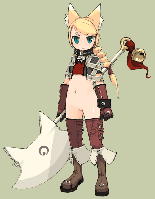 mota, original, 1girl, animal ears, axe, bottomless, cleft of venus, female focus, fox ears, no panties, pussy, solo, thighhighs, weapon