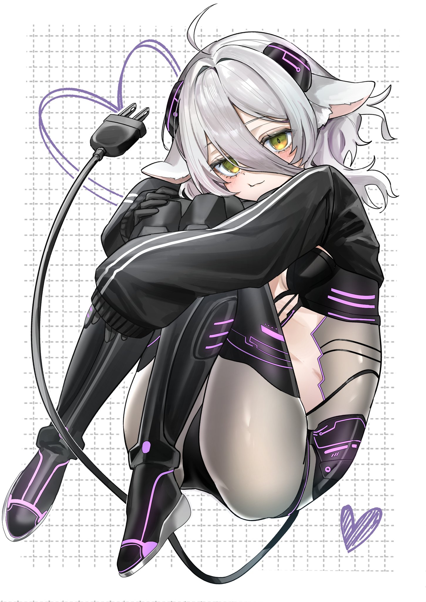 oyu (oy234u), henya the genius, indie virtual youtuber, highres, 1girl, ahoge, animal ears, black gloves, black shoes, black shrug, black thighhighs, closed mouth, gloves, grey hair, hair between eyes, hair flaps, heart, henya the genius (cyber henya), long bangs, looking at viewer, medium hair, shoes, shrug (clothing), solo, tail, thighhighs, virtual youtuber, yellow eyes