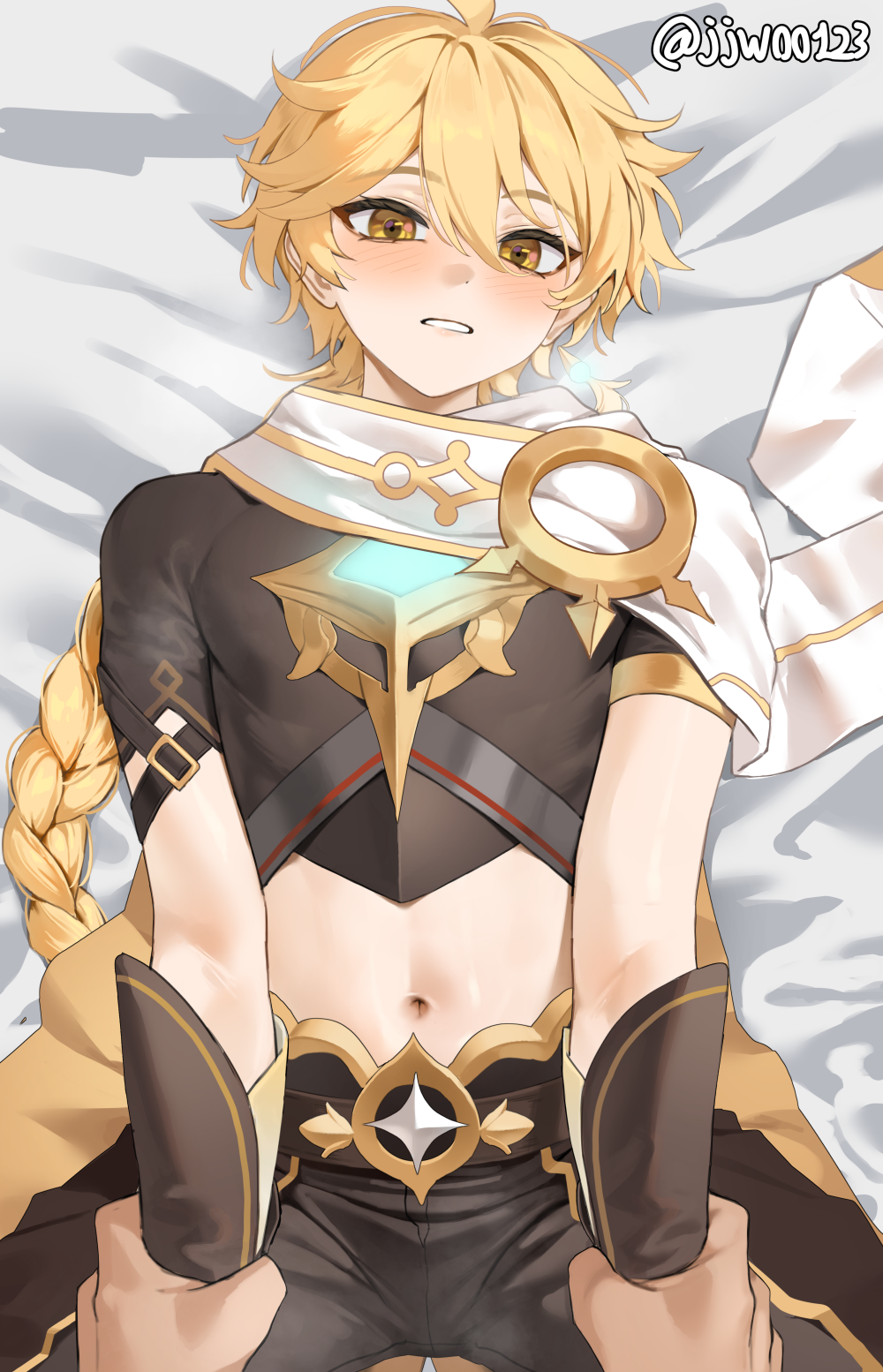g1 (jjw00123), aether (genshin impact), genshin impact, highres, 2boys, artist name, bed, blonde hair, blush, braid, brown pants, brown shirt, hair between eyes, holding another's wrist, long hair, lying, male focus, multiple boys, navel, on back, on bed, pants, parted lips, pov, pov hands, scarf, shirt, single braid, solo focus, twitter username, white scarf, yellow eyes