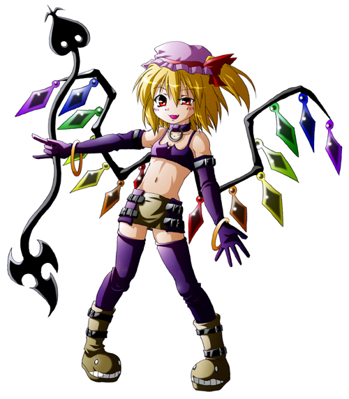 sd-sos, etna (disgaea), flandre scarlet, disgaea, makai senki disgaea, touhou, 1girl, bare shoulders, blonde hair, boots, choker, cosplay, elbow gloves, etna (disgaea) (cosplay), female focus, flat chest, full body, gloves, hat, laevatein, legs apart, looking at viewer, midriff, miniskirt, mob cap, navel, one side up, open mouth, purple thighhighs, red eyes, side ponytail, simple background, skirt, solo, standing, thighhighs, white background, wings