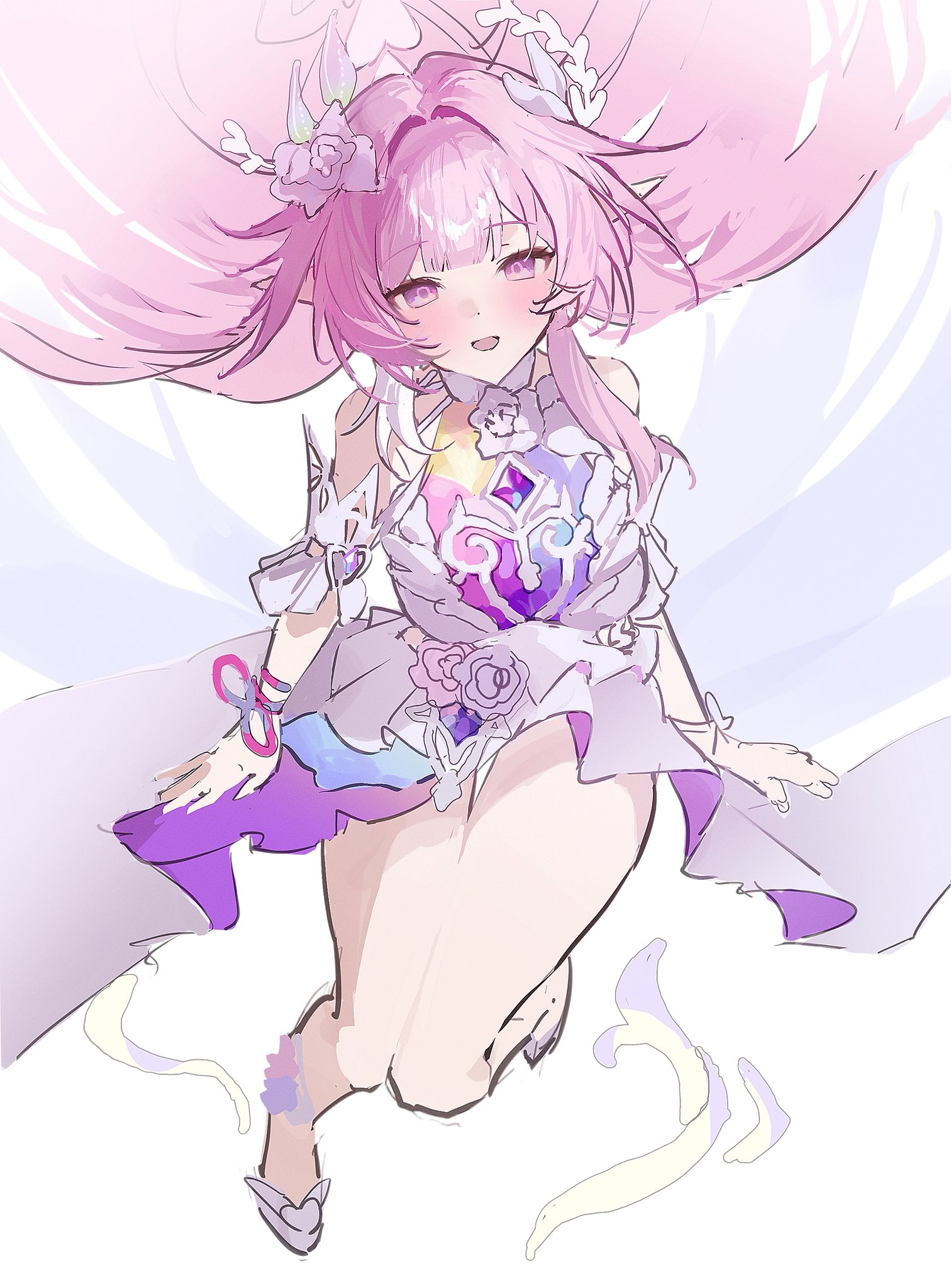 cyrene (honkai: star rail), cyrene (ripples of past reverie) (honkai: star rail), honkai: star rail, honkai (series), hashtag-only commentary, highres, 1girl, bare shoulders, black thighhighs, detached sleeves, diamond-shaped pupils, diamond (shape), dodosaae, flower, hair flower, hair ornament, halo, long hair, looking at viewer, open mouth, pink hair, pointy ears, purple eyes, simple background, smile, solo, symbol-shaped pupils, thighhighs, very long hair, white background