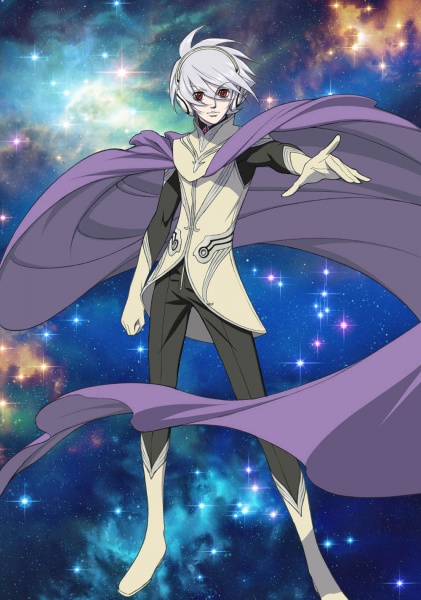 soldier blue, toward the terra, official art, 1boy, albino, boots, cape, gloves, headphones, male focus, red eyes, solo, standing, star (symbol), white hair