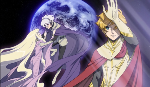 jomy marquis shin, physis, soldier blue, toward the terra, official art, 1girl, 2boys, blonde hair, cape, earth (planet), gloves, green eyes, long hair, multiple boys, short hair