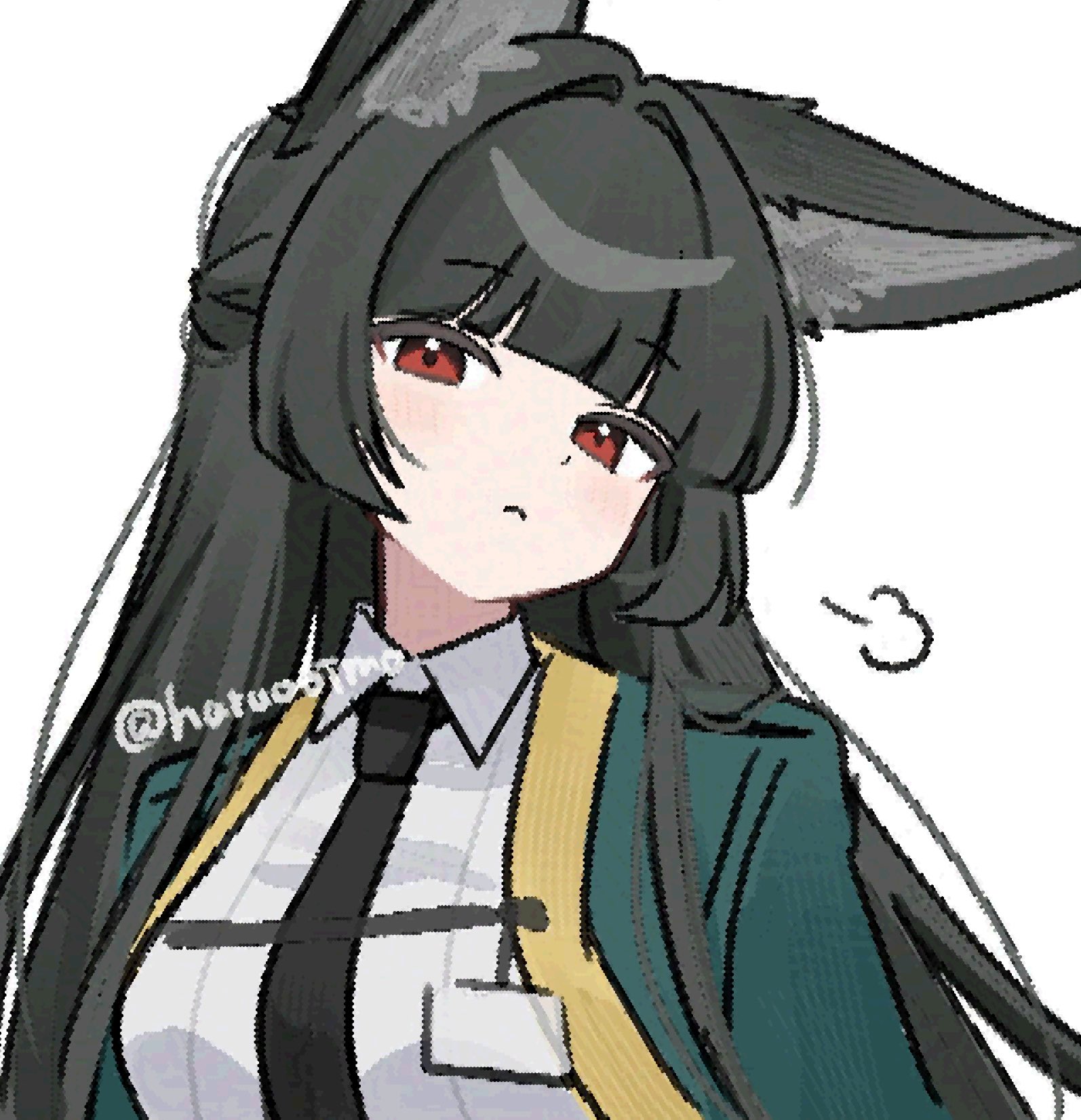 haruo (haruooimo), hoshimi miyabi, zenless zone zero, highres, 1girl, animal ear fluff, animal ears, aqua jacket, black hair, black necktie, blush, breath, fox ears, fox girl, green jacket, id card, jacket, long hair, looking at viewer, necktie, red eyes, shirt, solo, white background, white shirt