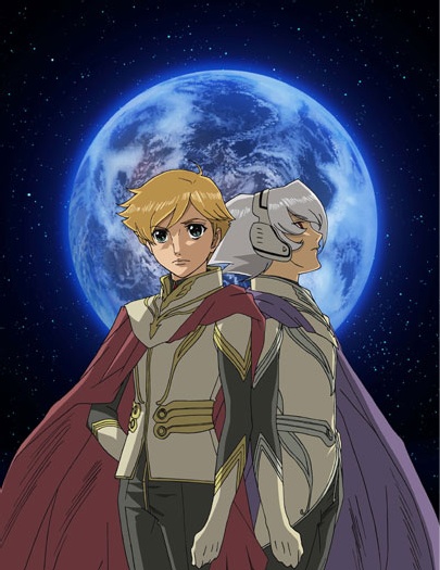 jomy marquis shin, soldier blue, toward the terra, official art, 2boys, blonde hair, cape, earth (planet), gloves, headphones, male focus, military, military uniform, multiple boys, planet, space, standing, star (symbol), white hair