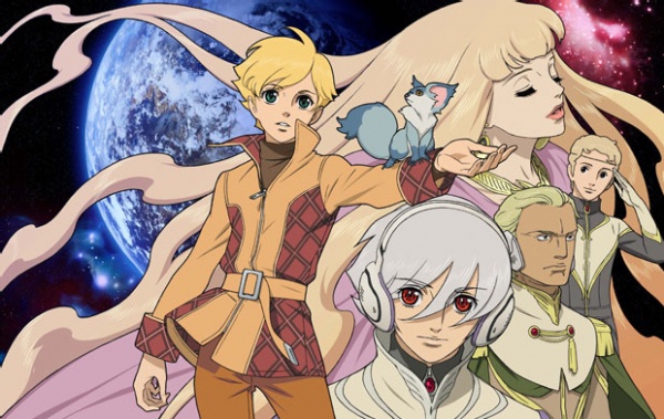 yuuki nobuteru, jomy marquis shin, leo (toward the terra), physis, rain (nakinezumi), soldier blue, william harley, toward the terra, uniform, official art, 1girl, 4boys, albino, blonde hair, closed eyes, earrings, earth (planet), headband, headphones, jewelry, lipstick, long hair, makeup, multiple boys, necklace, planet, red eyes, short hair, standing, white hair