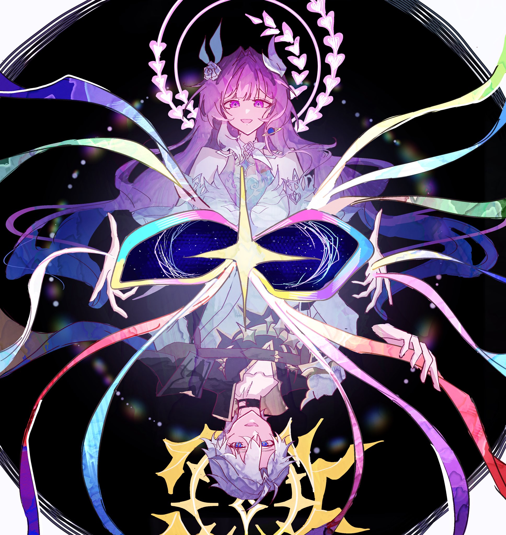 cyrene (honkai: star rail), cyrene (ripples of past reverie) (honkai: star rail), phainon (honkai: star rail), honkai: star rail, honkai (series), hashtag-only commentary, highres, amphoreus (honkai: star rail), bare shoulders, black background, blue eyes, coat, cutedogggggggg, dress, flower, hair flower, hair ornament, halo, long hair, mobius strip, oval background, pink hair, purple eyes, short hair, very long hair, white coat, white dress, white hair
