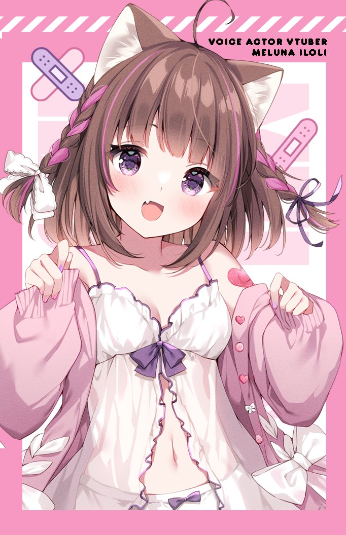 irori, original, commentary request, 1girl, :d, ahoge, animal ear fluff, animal ears, babydoll, bandaid, bare shoulders, blush, border, bow, bow panties, braid, breasts, brown hair, cardigan, cat ears, cat girl, cleavage, fang, hands up, long sleeves, looking at viewer, medium breasts, medium hair, multicolored hair, navel, off shoulder, open cardigan, open clothes, open mouth, outside border, panties, pink border, pink cardigan, pink streaks, purple bow, purple eyes, smile, solo, streaked hair, twin braids, underwear, upper body, white babydoll, white panties