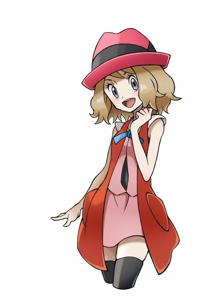 serena (pokemon), nintendo, pokemon, pokemon (anime), pokemon xy, artist request, non-web source, source request, 1girl, black socks, blonde hair, blue bow, blue bowtie, bow, bowtie, dress, grey eyes, hat, looking at viewer, open mouth, pink dress, pink hat, short hair, smile, socks, solo