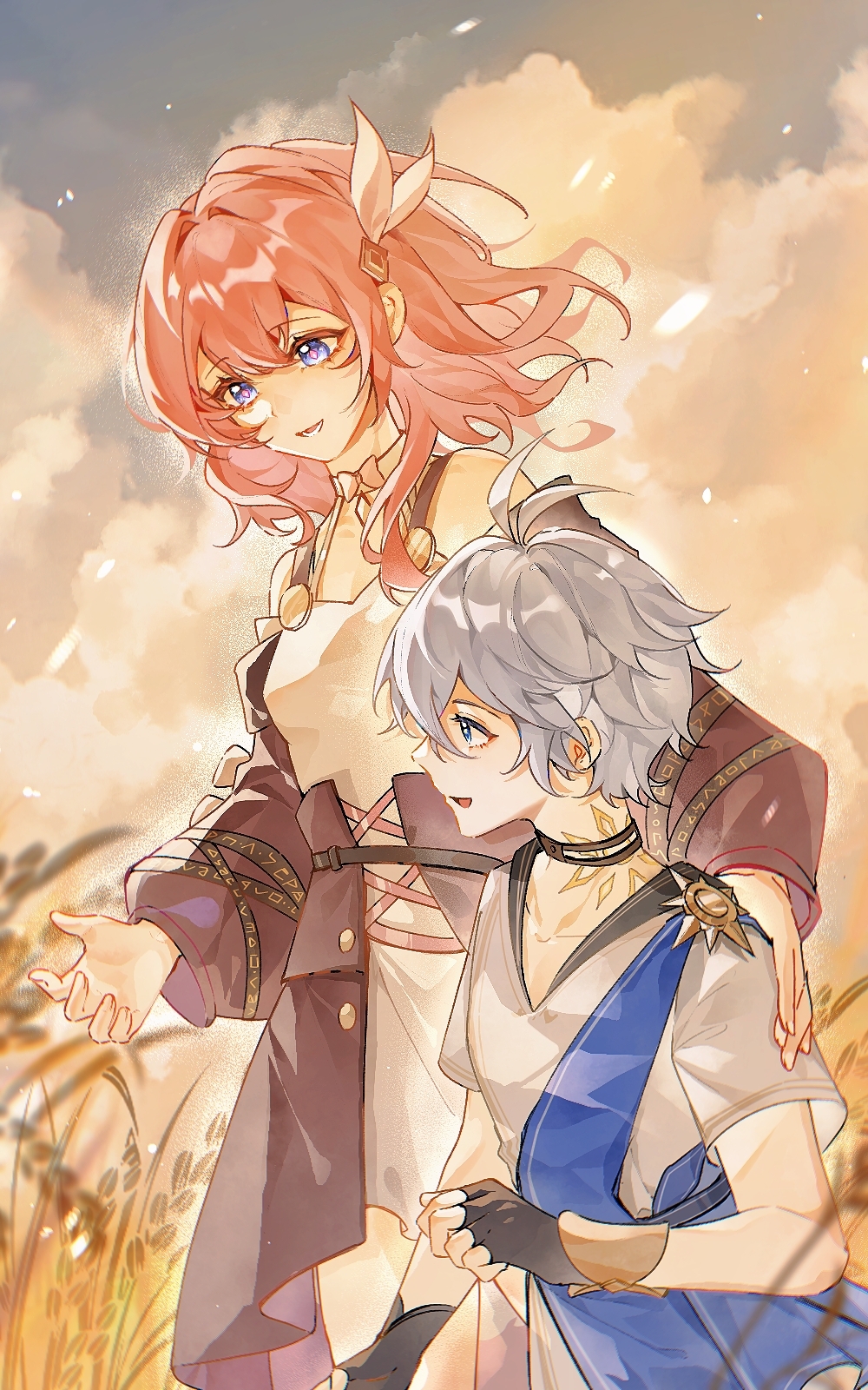 sorane hexi, cyrene (honkai: star rail), phainon (honkai: star rail), honkai: star rail, honkai (series), chinese commentary, commentary request, highres, 1boy, 1girl, aged down, arm around shoulder, black gloves, blue eyes, blue sash, cloud, cyrene (aedes elysiae) (honkai: star rail), dress, fingerless gloves, gloves, grey hair, long sleeves, medium hair, open mouth, pink hair, pink pupils, sash, short hair, short sleeves, very short hair, wheat field, white dress