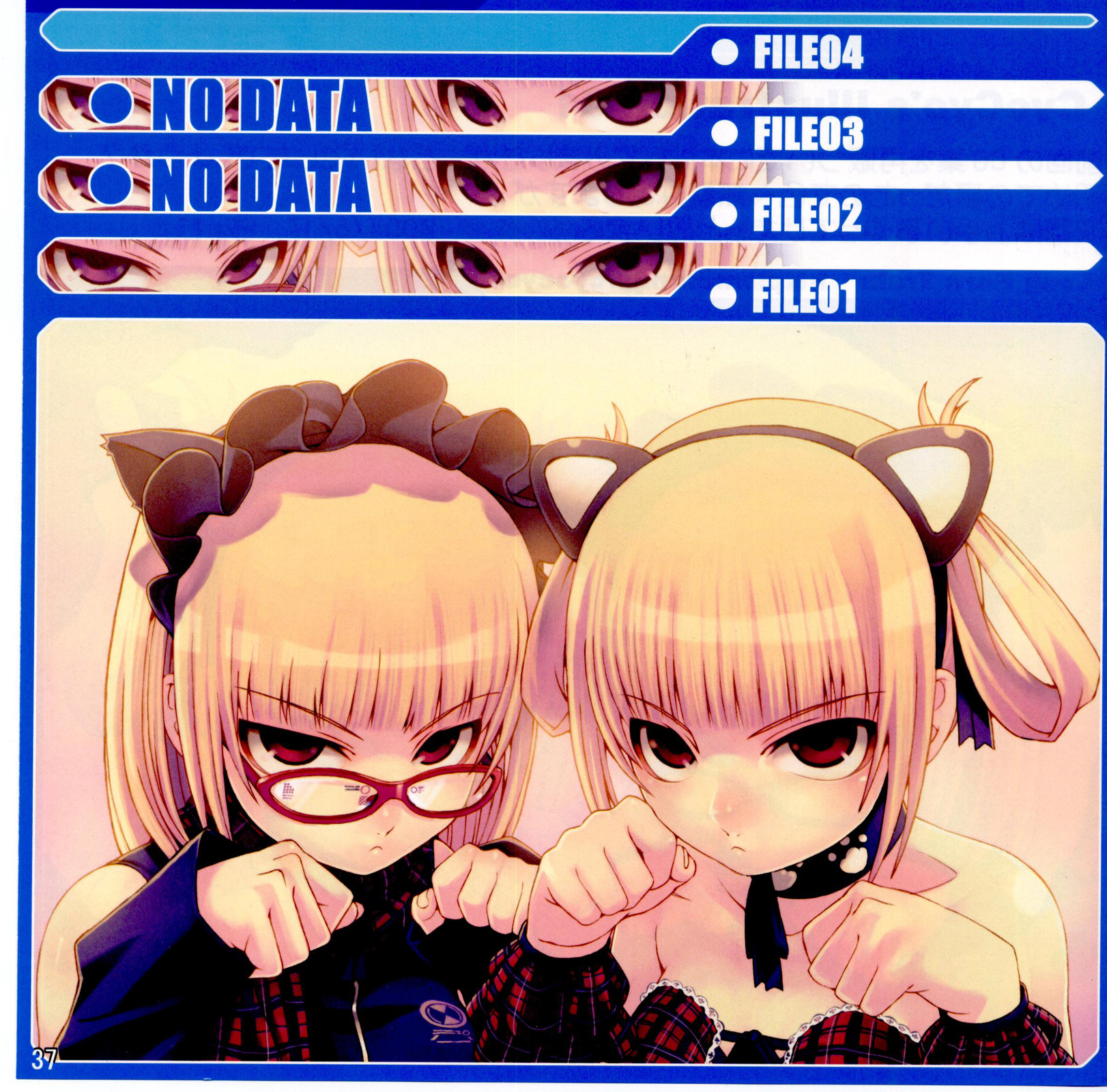 tasaka shinnosuke, plaid, highres, 2girls, animal ears, blonde hair, choker, detached sleeves, hairband, multiple girls, paw pose, red eyes, short hair, short twintails, siblings, sisters, twins, twintails