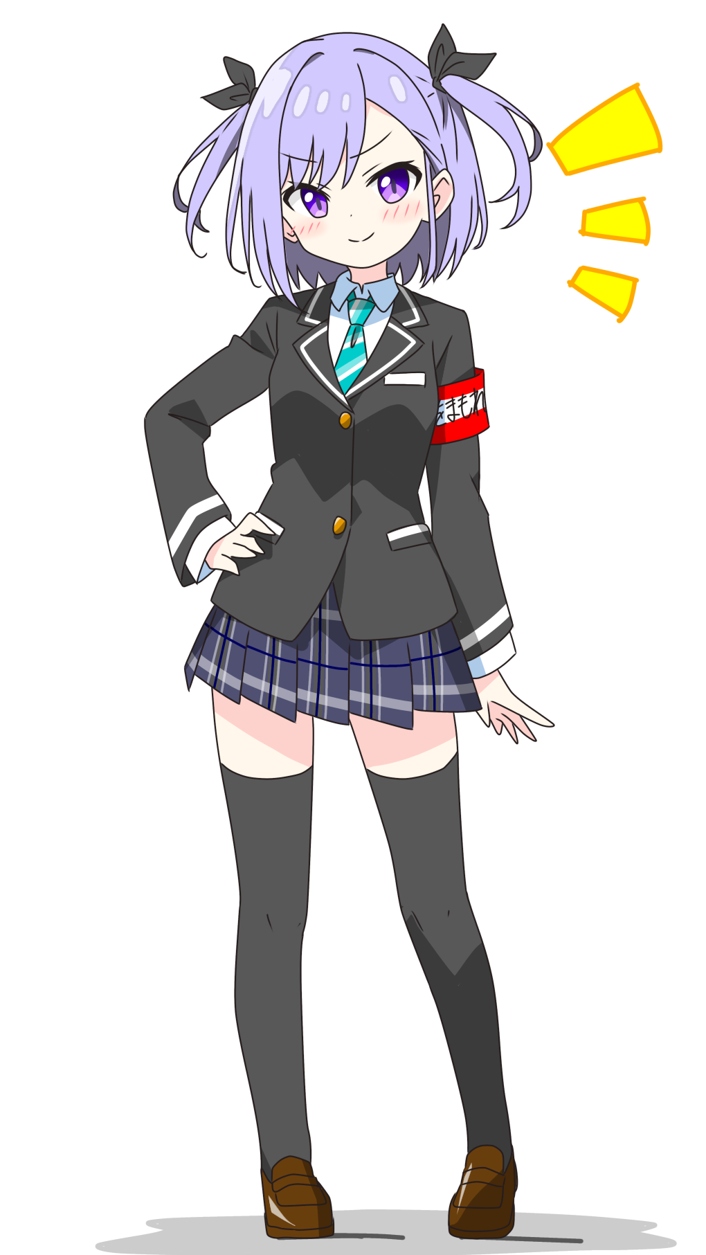 kotatsu-mazoku, original, commentary request, highres, 1girl, armband, black jacket, black ribbon, black thighhighs, blazer, blue skirt, blush, brown shoes, closed mouth, dot nose, full body, green necktie, hair ribbon, hand on own hip, jacket, loafers, long sleeves, looking at viewer, miniskirt, necktie, notice lines, plaid clothes, plaid skirt, pleated skirt, purple eyes, purple hair, ribbon, school uniform, shoes, short hair, simple background, skirt, smile, solo, standing, striped necktie, thighhighs, two side up, v-shaped eyebrows, white background, zettai ryouiki