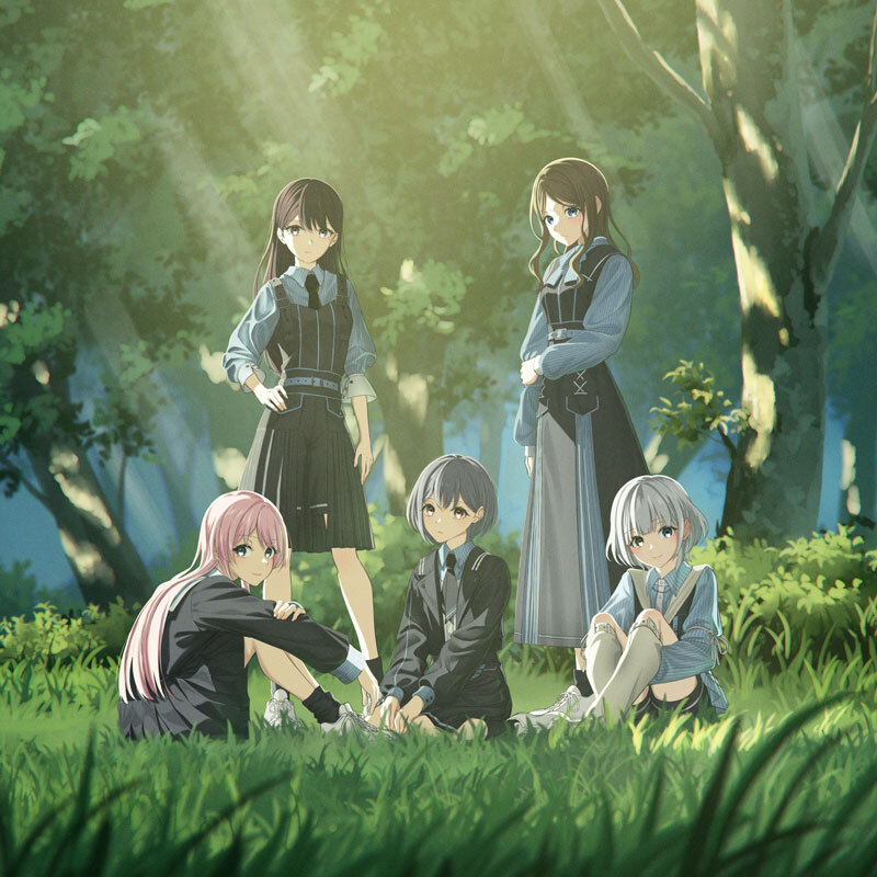 shuzuku, chihaya anon, kaname raana, nagasaki soyo, shiina taki, takamatsu tomori, bang dream!, bang dream! it's mygo!!!!!, commentary request, official art, second-party source, 5girls, album cover, black dress, black hair, black jacket, black skirt, black socks, blue eyes, blue shirt, brown eyes, brown hair, cover, dress, grass, grey hair, hand on own hip, heterochromia, holding, holding own hair, jacket, kneehighs, long sleeves, looking at viewer, multiple girls, mygo!!!!! (bang dream!), pinafore dress, pink hair, pleated skirt, purple eyes, shirt, shoes, short hair, sidelocks, sitting, skirt, sleeveless, sleeveless dress, socks, standing, white hair, white shoes, yellow eyes