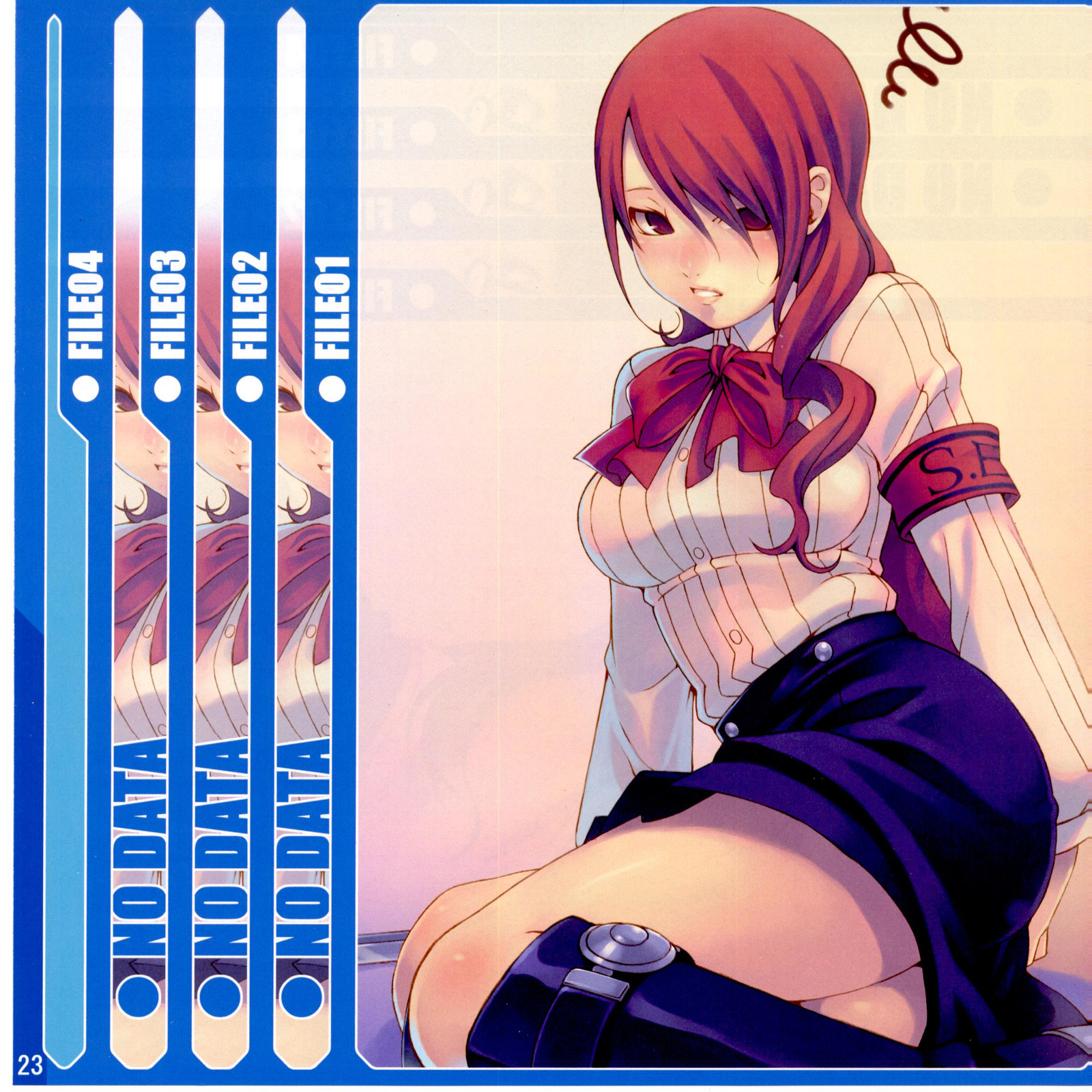 tasaka shinnosuke, kirijou mitsuru, atlus, persona, persona 3, highres, 1girl, armband, blush, boots, bow, breasts, female focus, knee boots, large breasts, long hair, red eyes, red hair, school uniform, serafuku, sitting, skirt, solo