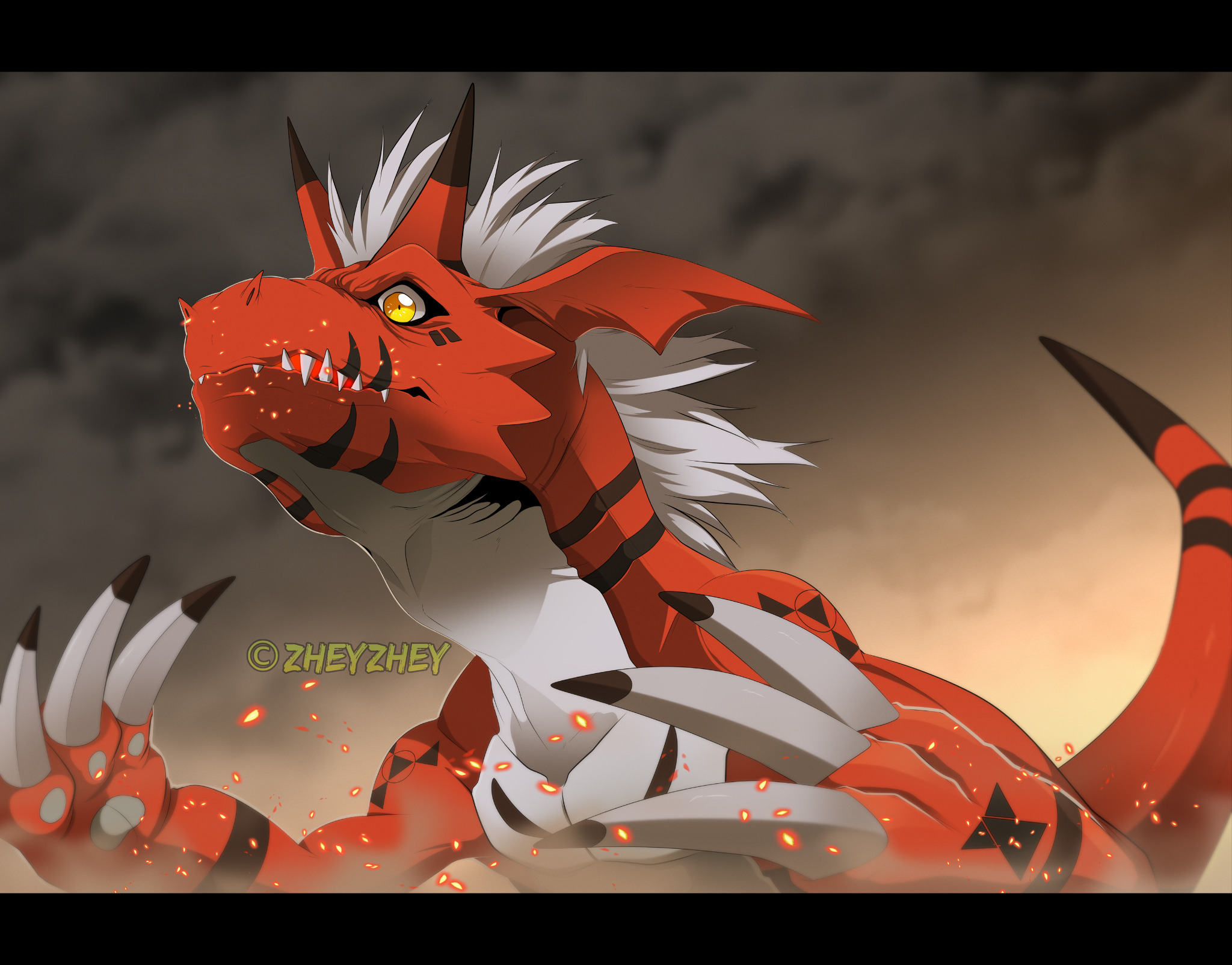 growmon, digimon, highres, artist name, claws, digimon (creature), embers, letterboxed, no humans, solo, yellow eyes, zheyzhey