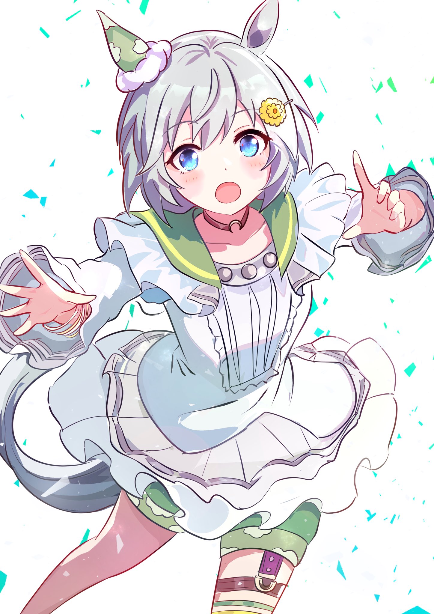 kanon (user rrhr4244), seiun sky (reeling in the big one) (umamusume), seiun sky (umamusume), umamusume, commentary, highres, 1girl, animal ears, bike shorts under skirt, blue eyes, blush, brown choker, choker, ear covers, flower, green sailor collar, green shorts, grey hair, hair between eyes, hair flower, hair ornament, hairclip, horse ears, horse girl, horse tail, layered shirt, long sleeves, looking at viewer, open mouth, sailor collar, shirt, short hair, shorts, simple background, single ear cover, skirt, solo, sunflower, sunflower hair ornament, tail, thigh strap, white background, white shirt, white skirt