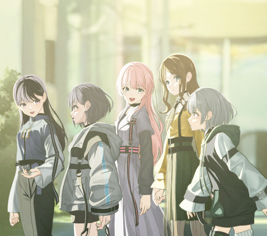 shuzuku, chihaya anon, kaname raana, nagasaki soyo, shiina taki, takamatsu tomori, bang dream!, bang dream! it's mygo!!!!!, commentary request, official art, second-party source, 5girls, album cover, black hair, black jacket, black pants, black shorts, blush, brown hair, cover, dress, grey dress, grey eyes, grey hair, grey jacket, grey necktie, hand up, hood, hood down, hooded jacket, jacket, long hair, long sleeves, mitsuketa keshiki tazusaete, multiple girls, mygo!!!!! (bang dream!), necktie, offering hand, open mouth, pants, pink hair, purple eyes, short hair, shorts, sidelocks, sleeves past wrists, suspenders, sweater, teeth, thighhighs, upper teeth only, white hair, white thighhighs, yellow sweater