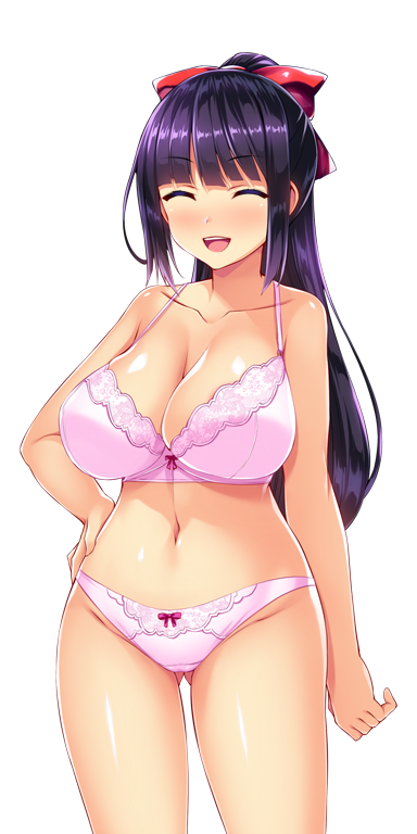 satou kuuki, kisaragi nozomi, shinsou seiki elementia, game cg, non-web source, official art, variant set, 1girl, black hair, blunt bangs, blush, bow, bow bra, bow panties, bra, breasts, cleavage, closed eyes, collarbone, cowboy shot, facing viewer, gluteal fold, hair bow, hair ribbon, hand on own hip, high ponytail, huge breasts, lace, lace-trimmed bra, lace-trimmed panties, lace trim, large breasts, long hair, navel, open mouth, panties, pink bra, pink panties, ponytail, purple hair, ribbon, sidelocks, smile, solo, standing, transparent background, underwear, underwear only