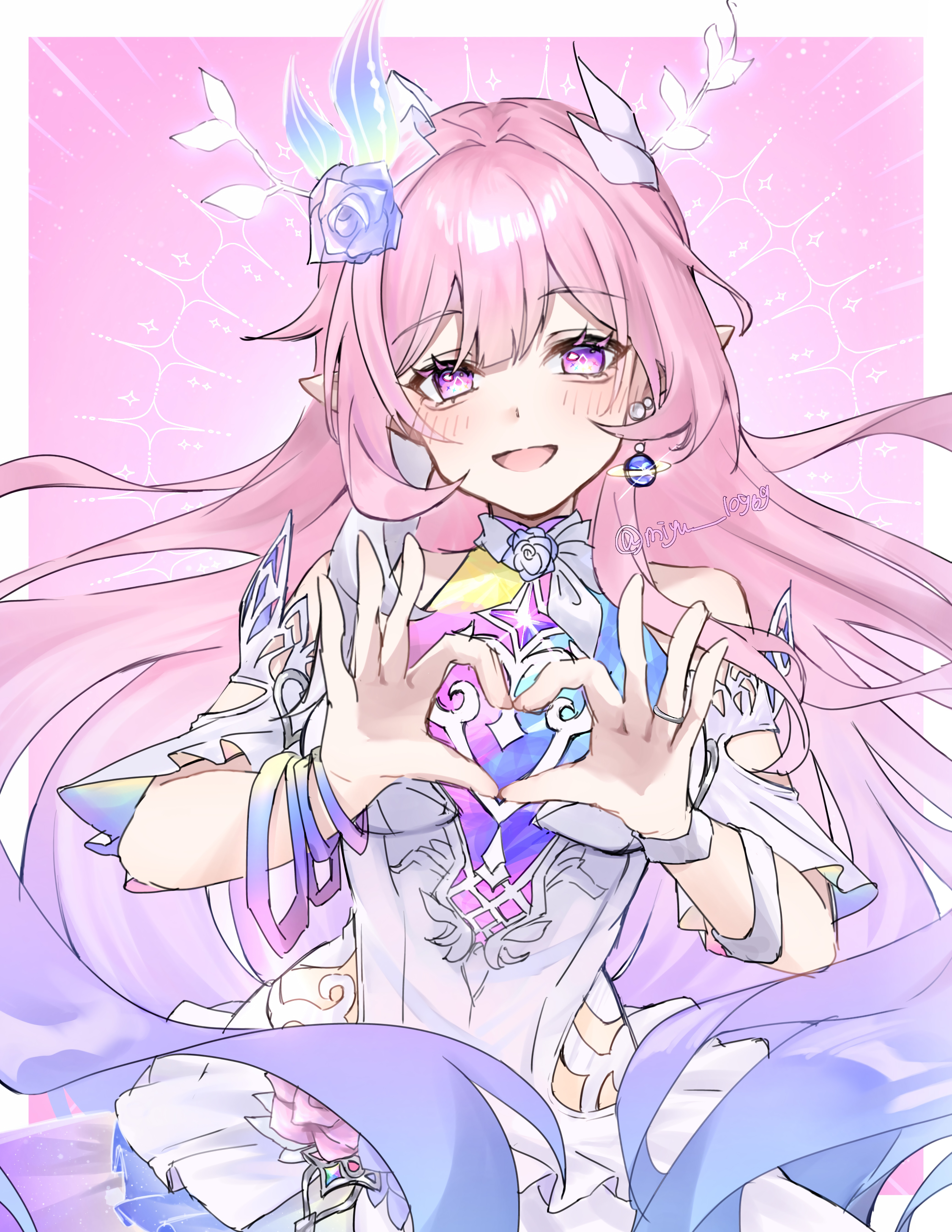 cyrene (honkai: star rail), cyrene (ripples of past reverie) (honkai: star rail), honkai: star rail, honkai (series), absurdres, commentary request, highres, 1girl, bare shoulders, border, breasts, detached sleeves, diamond-shaped pupils, diamond (shape), dress, earrings, flower, four-finger heart hands, hair flower, hair ornament, halo, heart, heart hands, jewelry, large breasts, long hair, looking at viewer, miyu 10969, pink background, pink hair, pointy ears, purple eyes, smile, solo, symbol-shaped pupils, very long hair, white border, white dress