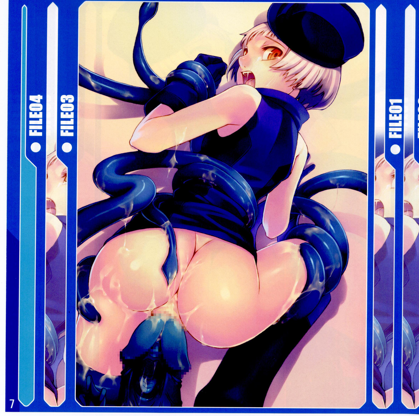 tasaka shinnosuke, elizabeth (persona), mara (megami tensei), atlus, persona, persona 3, highres, 1girl, ahegao, ass, censored, cum, demon (megami tensei), fucked silly, gloves, hat, looking back, misplaced genitals, mosaic censoring, naughty face, no panties, open mouth, orange eyes, penis, penis head, pointless censoring, rape, shadow, short hair, solo, tears, tentacle sex, tentacles, vaginal, white hair