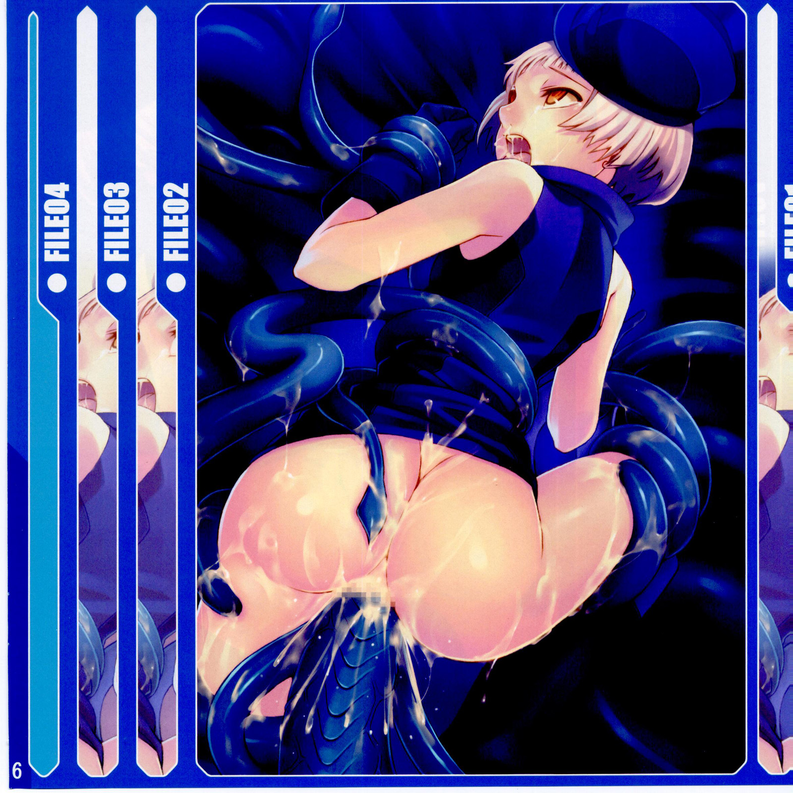 tasaka shinnosuke, elizabeth (persona), atlus, persona, persona 3, highres, 1girl, ahegao, ass, censored, cum, female focus, fucked silly, hat, mosaic censoring, naughty face, no panties, open mouth, orange eyes, rape, rolling eyes, short hair, solo, tears, tentacle sex, tentacles, vaginal, white hair