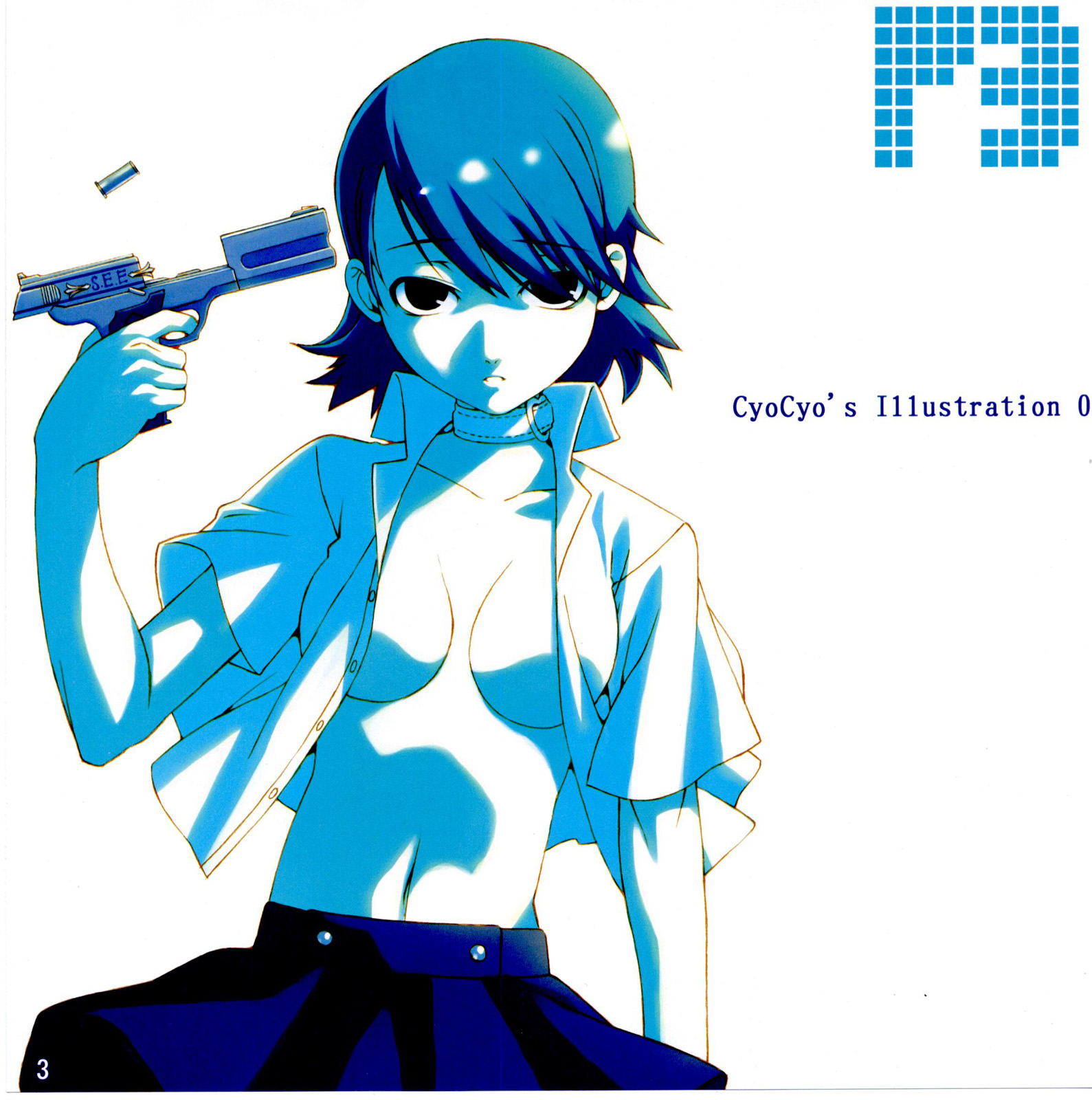 nael, tasaka shinnosuke, takeba yukari, atlus, persona, persona 3, highres, 1girl, blue theme, breasts, casing ejection, choker, cocking gun, evoker, female focus, gun, gun to head, handgun, holding, holding gun, holding weapon, lace, medium breasts, monochrome, navel, open clothes, open shirt, pistol, shell casing, shirt, short hair, skirt, solo, weapon