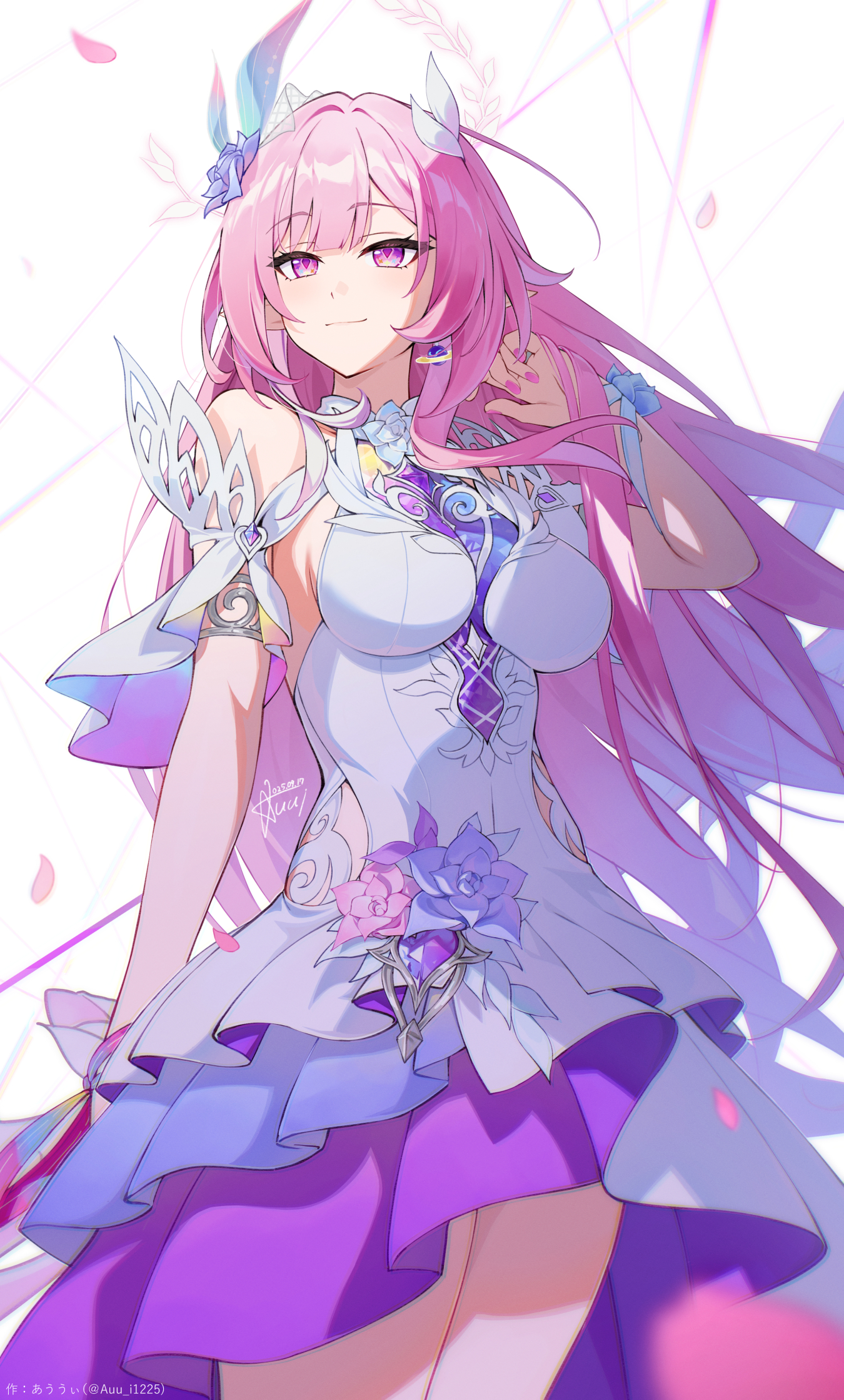 auui, cyrene (honkai: star rail), cyrene (ripples of past reverie) (honkai: star rail), honkai: star rail, honkai (series), hashtag-only commentary, highres, 1girl, bare shoulders, breasts, detached sleeves, diamond-shaped pupils, diamond (shape), dress, earrings, flower, hair flower, hair ornament, halo, jewelry, large breasts, long hair, pink hair, pink nails, purple eyes, simple background, smile, solo, symbol-shaped pupils, thighs, very long hair, white background, white dress