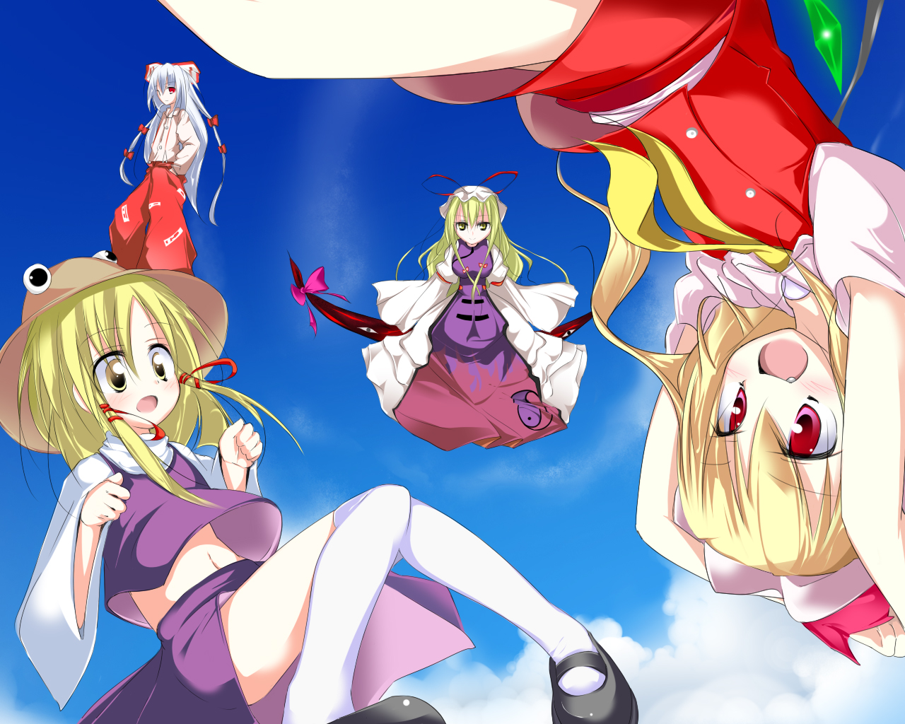 oouso, flandre scarlet, fujiwara no mokou, moriya suwako, yakumo yukari, touhou, 4girls, blonde hair, cloud, female focus, flying, gap (touhou), hat, multiple girls, thighhighs, wings