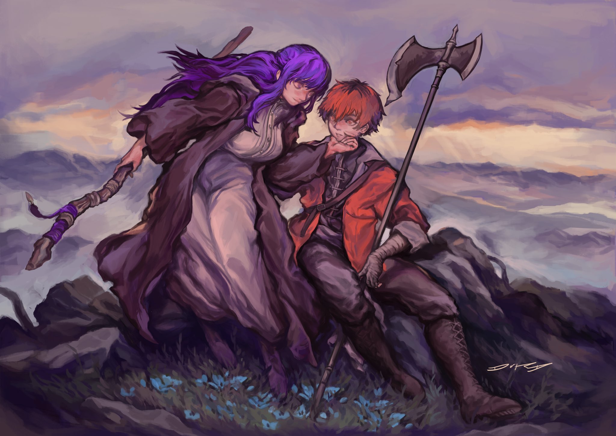 fern (sousou no frieren), stark (sousou no frieren), highres, 1boy, 1girl, axe, battle axe, black coat, blunt bangs, breasts, coat, dress, holding, holding staff, large breasts, long hair, looking at another, outdoors, purple eyes, purple hair, red hair, smile, staff, the durdiest man, weapon, white dress
