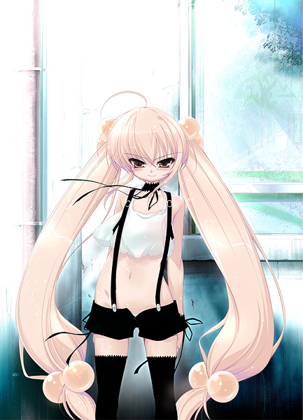 akahito, kokonoe rin, kodomo no jikan, 00s, 1girl, child, female focus, flat chest, hair bobbles, hair ornament, long hair, midriff, shorts, solo, sphere hair ornament, suspenders, thighhighs, twintails, very long hair, zettai ryouiki