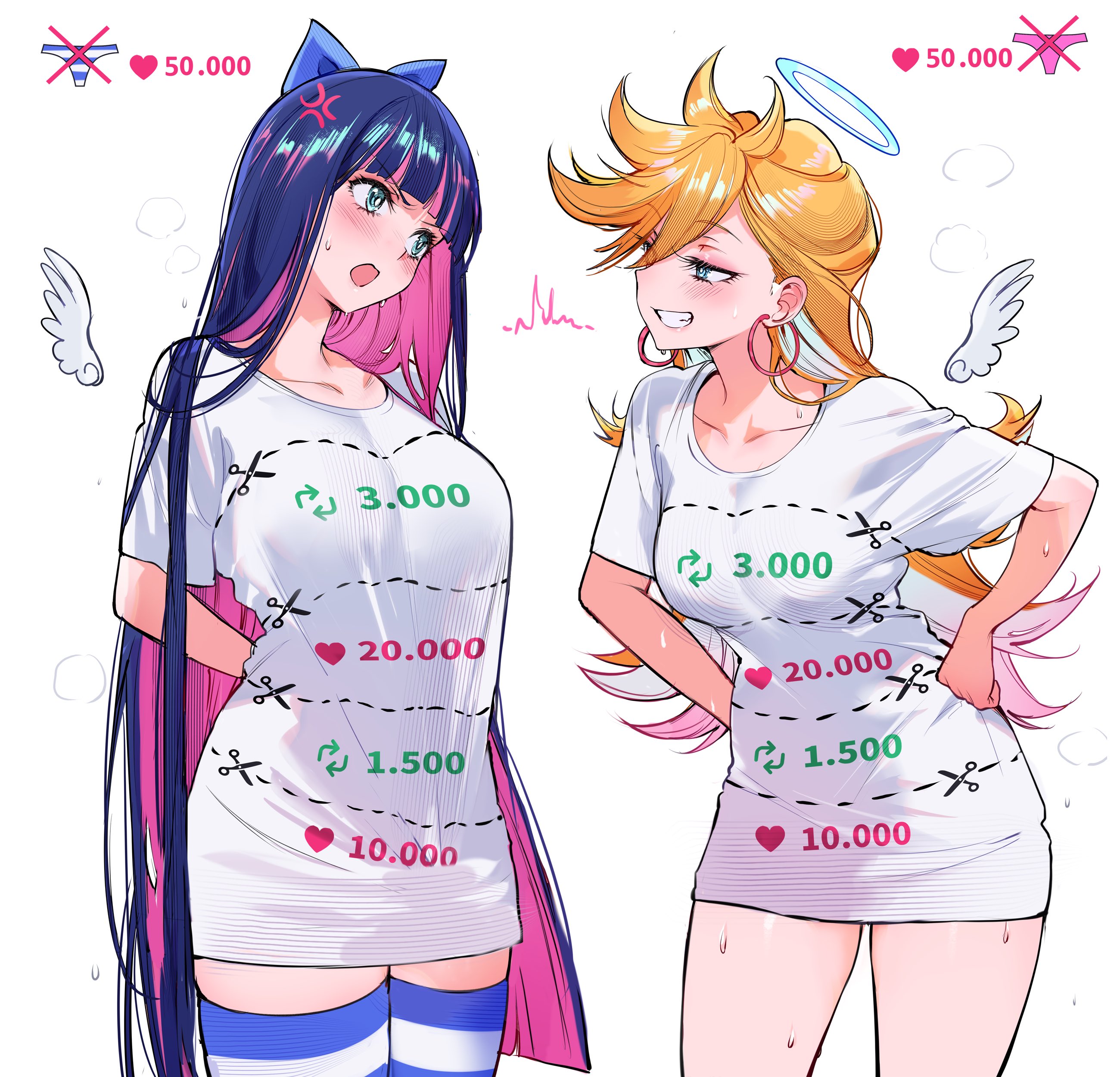 qiandaiyiyu, panty (psg), stocking (psg), panty & stocking with garterbelt, absurdres, highres, 2girls, anger vein, blonde hair, blue hair, blush, breasts, cowboy shot, earrings, green eyes, grin, jewelry, large breasts, long hair, looking at another, looking at viewer, multiple girls, open mouth, shirt, short sleeves, simple background, smile, striped clothes, striped thighhighs, sweat, teeth, thighhighs, twitter strip game, white background, white shirt, wings