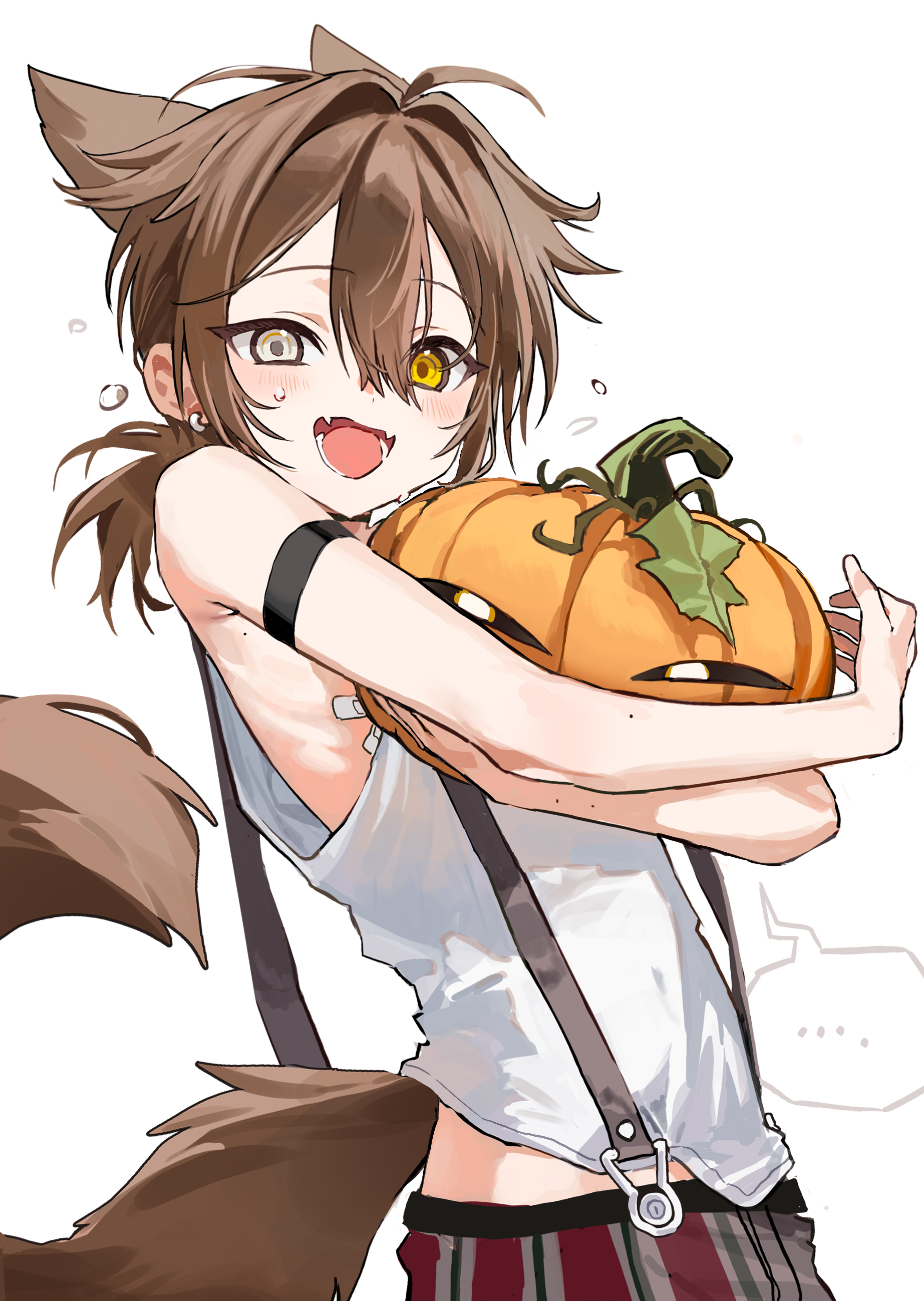 seeshin see, original, absurdres, commentary, highres, symbol-only commentary, 1boy, animal ears, bandaid, bare shoulders, blush, cowboy shot, earrings, fangs, flying sweatdrops, hair between eyes, heterochromia, holding, holding pumpkin, jack-o'-lantern, jewelry, looking at viewer, male focus, midriff peek, mole, mole on arm, open mouth, ponytail, pumpkin, short hair, short ponytail, simple background, skin fangs, smile, suspenders, sweatdrop, tail, trap, white background, white eyes, wolf ears, wolf tail, yellow eyes