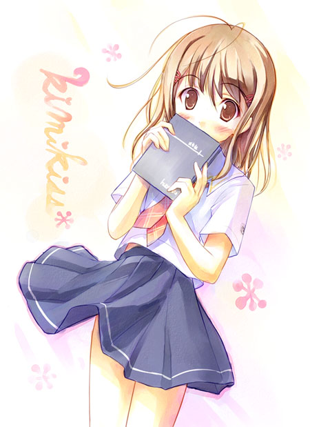 takoyaki (roast), hoshino yuumi, kimi kiss, 1girl, blue skirt, blush, book, bow, bowtie, brown eyes, brown hair, checkered bow, checkered bowtie, checkered clothes, clothes lift, cover, cover page, covered mouth, female focus, long hair, looking at viewer, miniskirt, red bow, red bowtie, school uniform, serafuku, shirt, skirt, skirt lift, solo, white shirt