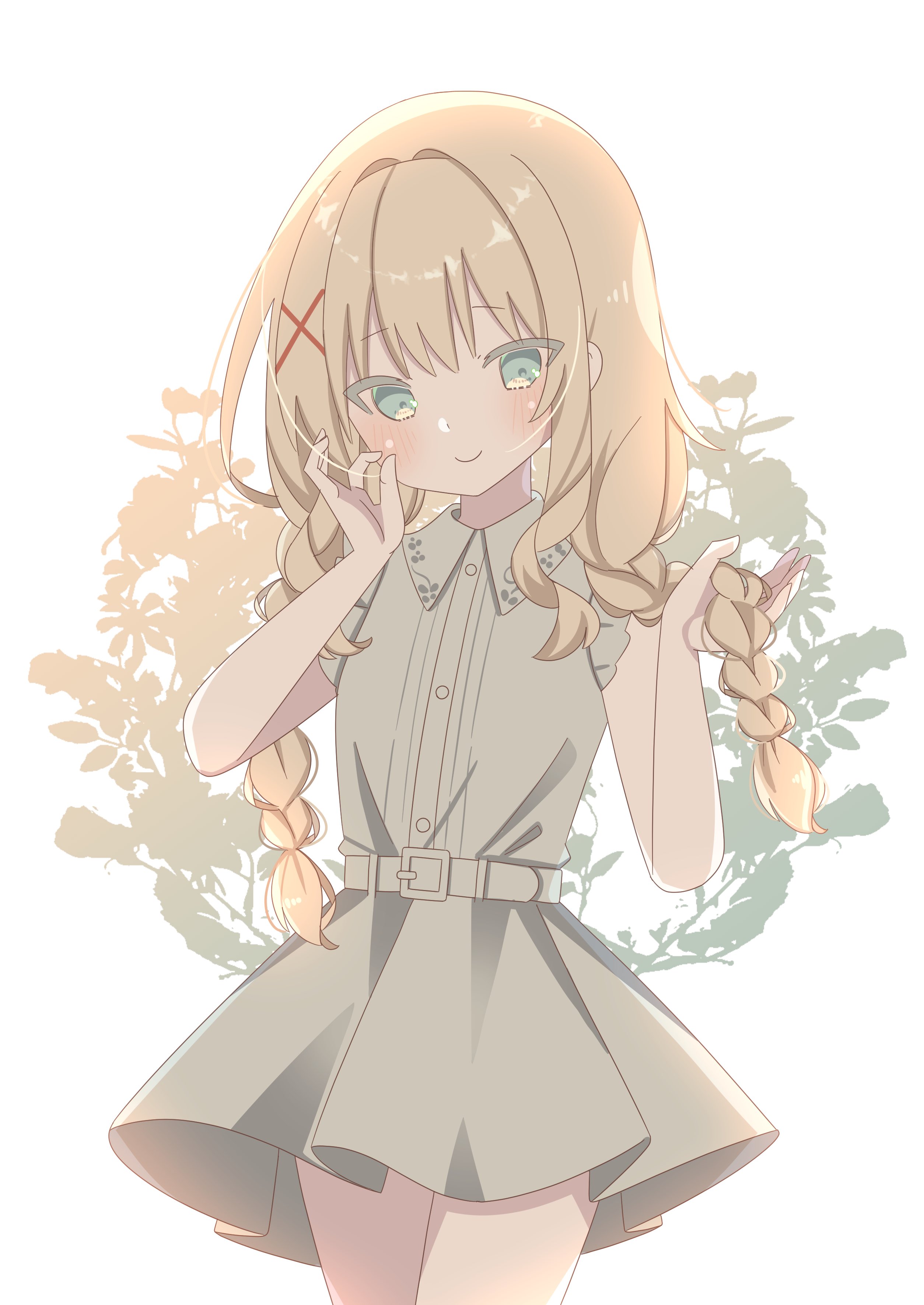 9ra4ki33, tsumugi wenders, summer pockets, absurdres, commentary, highres, 1girl, alternate costume, alternate hairstyle, backlighting, belt, blonde hair, blush, braid, c:, closed mouth, collared shirt, colored eyelashes, cowboy shot, eyes visible through hair, green eyes, grey belt, grey shirt, grey skirt, hair between eyes, hair intakes, hair ornament, hands up, holding, holding own hair, looking at viewer, low twintails, miniskirt, ok sign, shirt, sidelocks, simple background, skirt, smile, solo, tsurime, twin braids, twintails, white background, x hair ornament