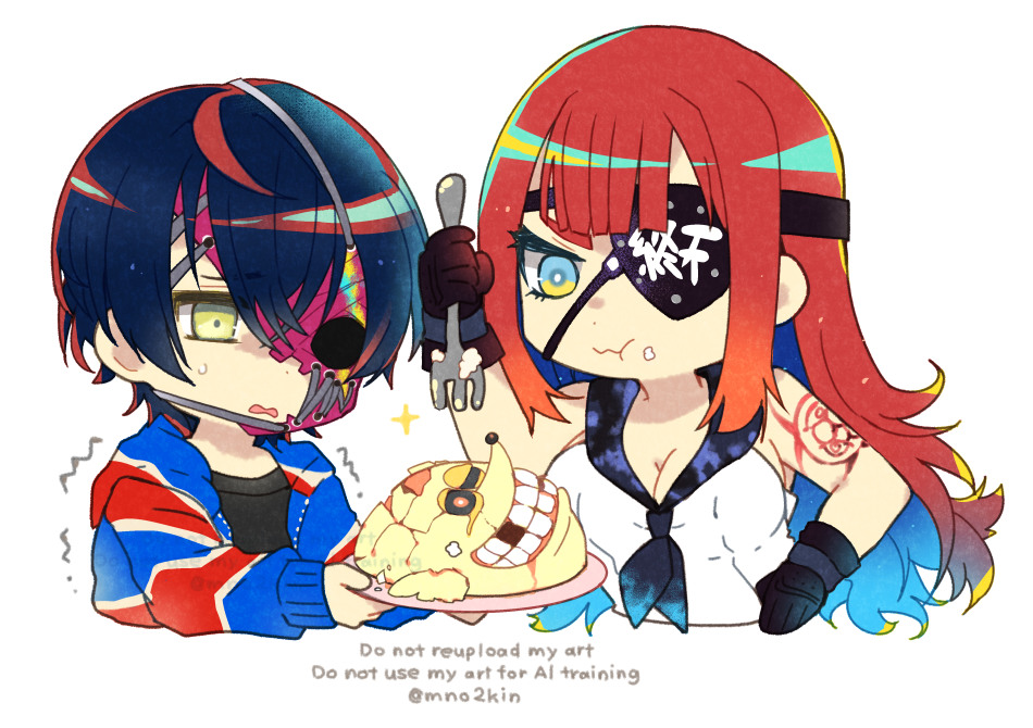 commentary, hashtag-only commentary, 2girls, :t, arm tattoo, biohazard symbol, black hair, black shirt, blue eyes, breasts, cake, character-themed food, chewing, chibi, chibi only, cleavage, cropped torso, eyepatch, food, fork, gloves, hair between eyes, half mask, holding, holding fork, holding plate, jacket, long hair, long sleeves, looking at food, manji fushicho, mask, medium breasts, mno2kin, multicolored eyes, multiple girls, nephilim (shuten order), open clothes, open jacket, plate, red hair, rei shimobe, reverse trap, shirt, short hair, shuten order, simple background, sleeveless, sleeveless shirt, tattoo, trembling, twitter username, two-tone eyes, watermark, white background, yellow eyes