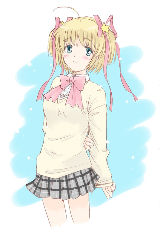 takahashi mugi, kamikita komari, little busters!, 1girl, bow, female focus, pink bow, school uniform, serafuku, solo, sweater