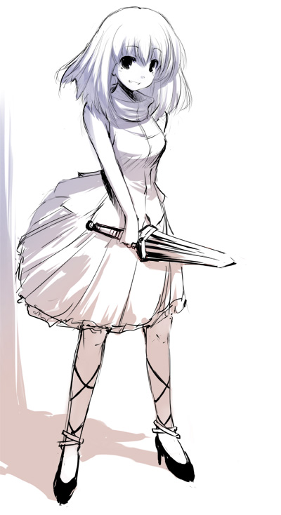 matsuzaki yutaka, original, 1girl, dress, female focus, monochrome, solo, sword, weapon