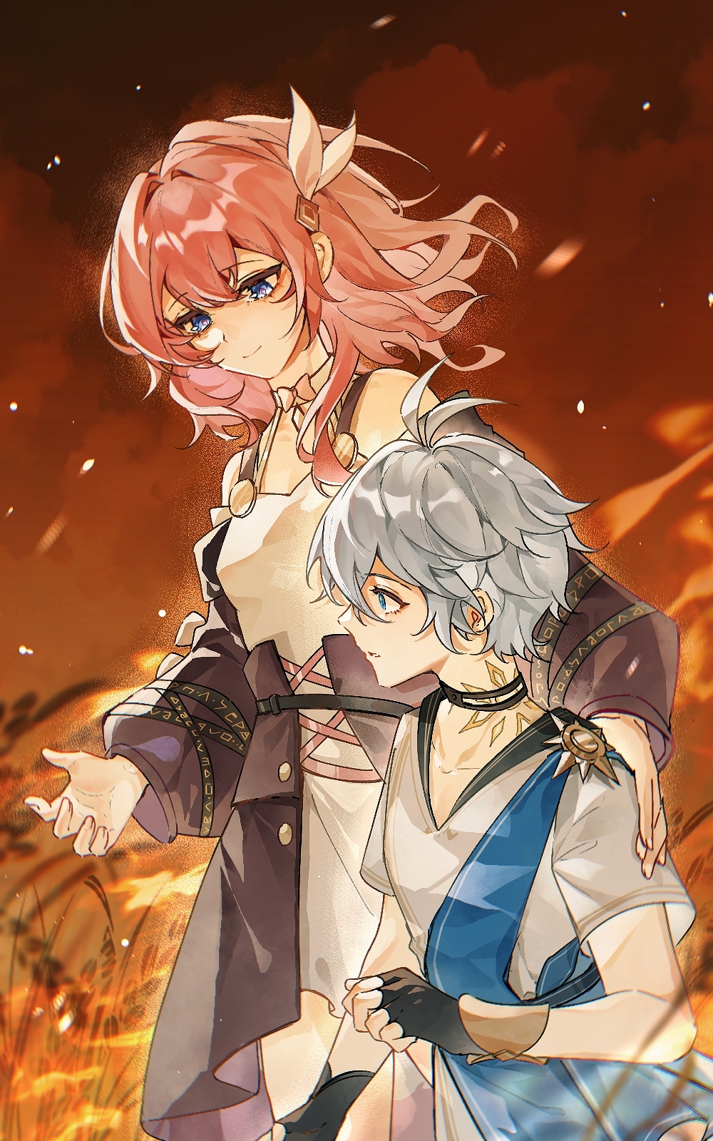 sorane hexi, cyrene (honkai: star rail), phainon (honkai: star rail), honkai: star rail, honkai (series), chinese commentary, commentary request, highres, 1boy, 1girl, aged down, arm around shoulder, black gloves, blue eyes, blue sash, cyrene (aedes elysiae) (honkai: star rail), dress, fingerless gloves, fire, gloves, grey hair, long sleeves, medium hair, open mouth, pink hair, pink pupils, red sky, sash, short hair, short sleeves, sky, very short hair, wheat field, white dress