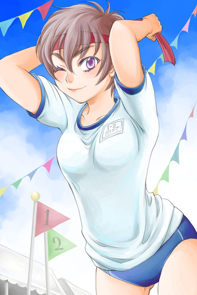 sabusuka, original, 1girl, ;), arms behind head, blue sky, breasts, buruma, cloud, collarbone, day, dressing, female focus, flag, grey hair, gym uniform, hachimaki, headband, lipstick, looking at viewer, makeup, medium breasts, numbered flag, one eye closed, outdoors, pennant, purple eyes, short hair, sky, smile, solo, string of flags, tying headband, wink