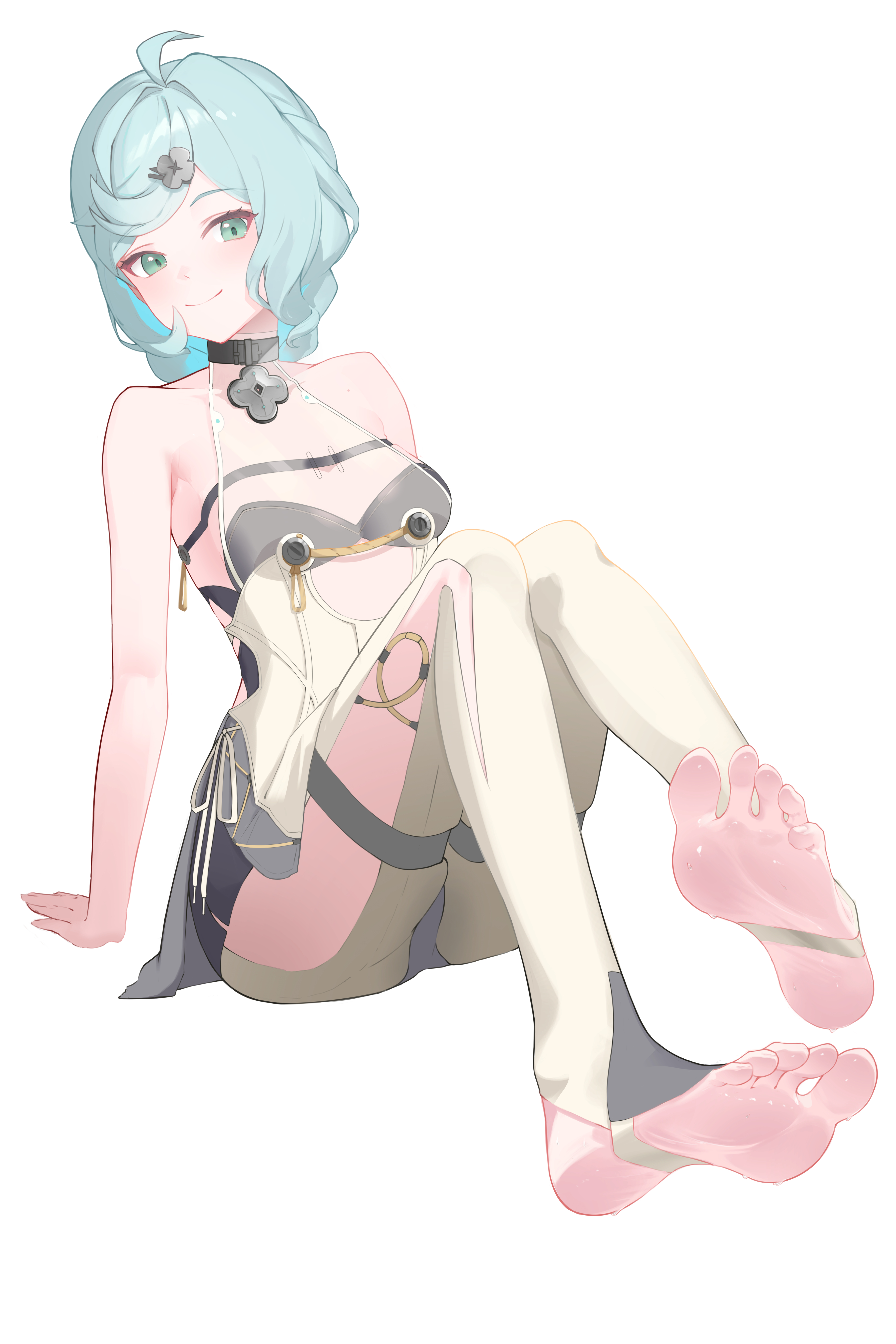 mori, seed (zenless zone zero), zenless zone zero, absurdres, highres, 1girl, barefoot, blue hair, feet, green eyes, long hair, looking at viewer, smile, soles, stirrup legwear, toeless legwear, toes