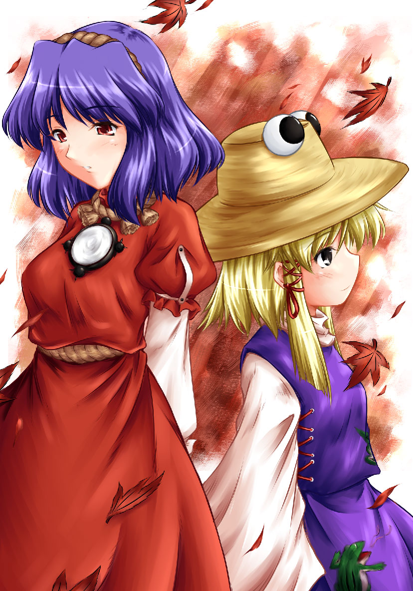 yuzu momo, moriya suwako, yasaka kanako, touhou, 2girls, autumn leaves, blush, brooch, brown eyes, cowboy shot, dress, extra eyes, female focus, gem, hat, jewelry, leaf, long sleeves, looking at viewer, multiple girls, puffy short sleeves, puffy sleeves, purple dress, purple hair, red dress, red eyes, short sleeves, sweater, wide sleeves