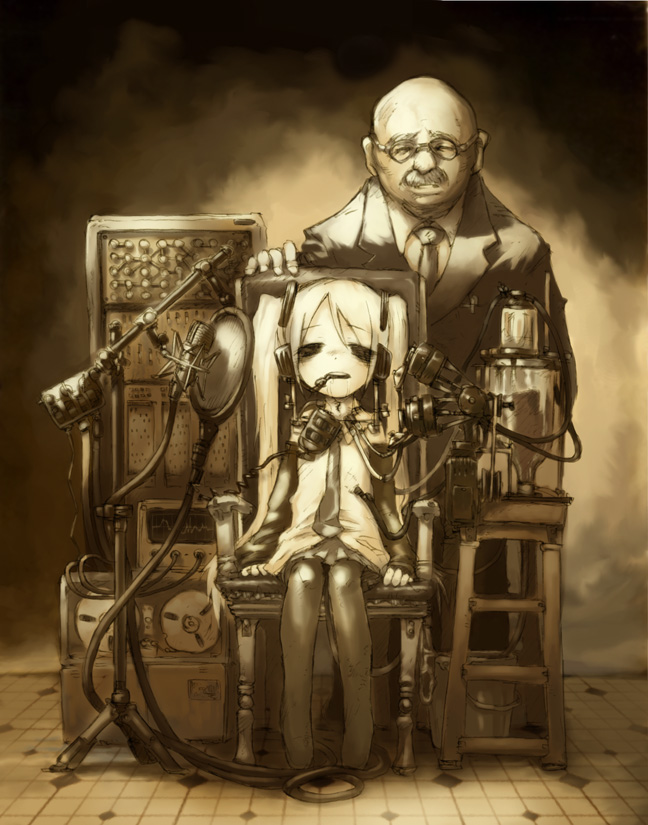 kikai (akita morgue), hatsune miku, vocaloid, 1boy, 1girl, blouse, cable, chair, creepy, facial hair, glasses, horror (theme), long hair, machine, mechabare, microphone, microphone stand, monochrome, mustache, necktie, old, old man, pantyhose, saliva, sepia, shirt, sitting, sleeveless, sleeveless shirt, thighhighs, twintails, very long hair, what