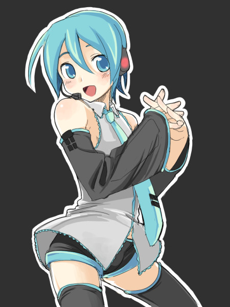 hatsune miku, hatsune mikuo, vocaloid, gender request, 1boy, 1girl, :d, alternate hair length, alternate hairstyle, androgynous, aqua eyes, aqua hair, aqua necktie, black background, black thighhighs, blouse, blush, collared shirt, detached sleeves, female focus, genderswap, grey shirt, hair between eyes, happy, headset, looking at viewer, midriff peek, necktie, open mouth, outline, own hands clasped, own hands together, shirt, short hair, short shorts, shorts, simple background, sleeveless, sleeveless shirt, smile, solo, thighhighs, tomboy, trap, zettai ryouiki