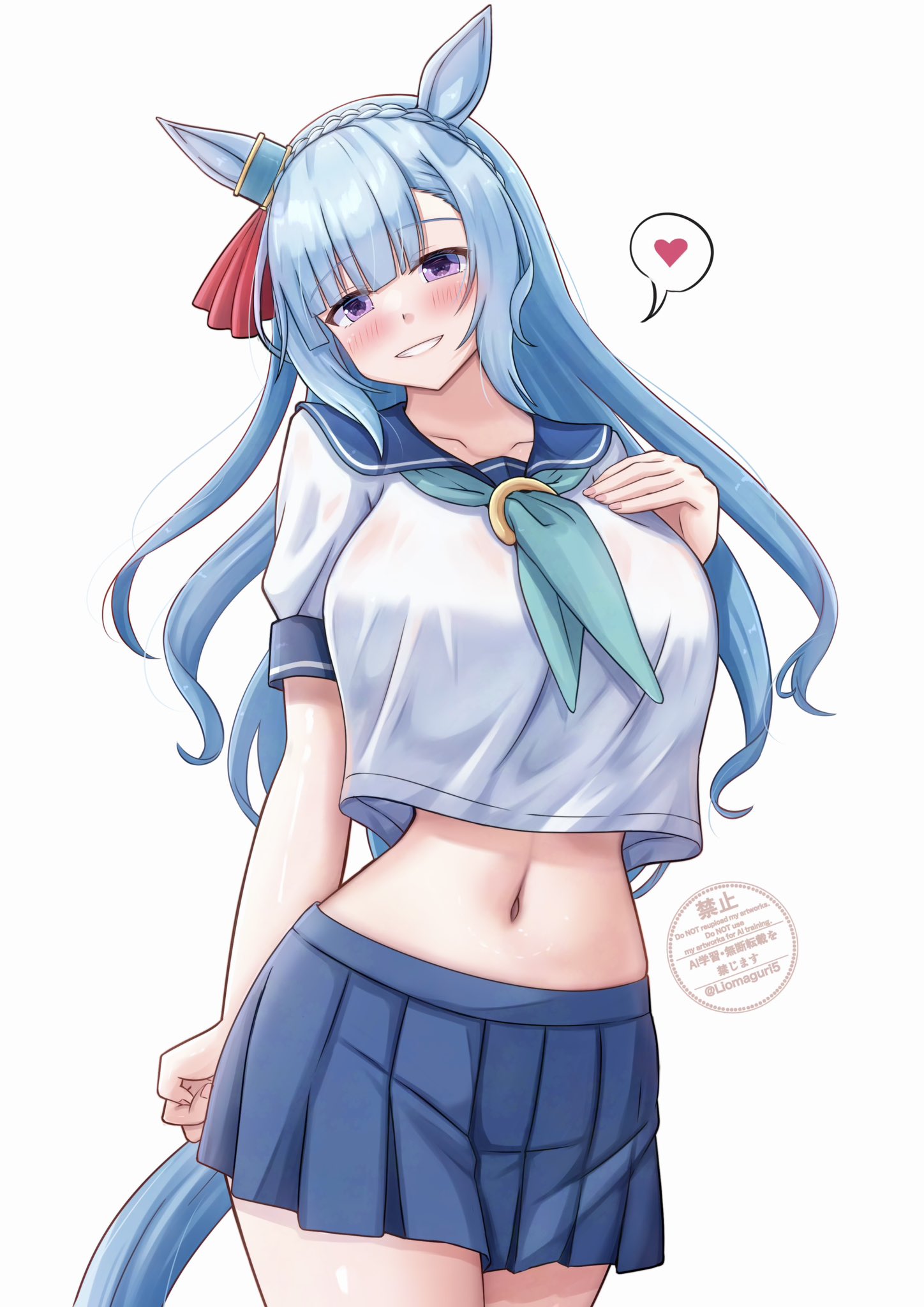 rio (lio yuzu), mejiro ardan (umamusume), umamusume, highres, 1girl, animal ears, blue hair, blue neckerchief, blue sailor collar, blue skirt, blush, braid, breasts, collarbone, cropped shirt, crown braid, ear ornament, grin, heart, horse ears, horse girl, horse tail, large breasts, long hair, looking at viewer, midriff, navel, neckerchief, open mouth, pleated skirt, purple eyes, sailor collar, school uniform, shirt, short sleeves, simple background, skirt, smile, solo, tail, white background, white shirt