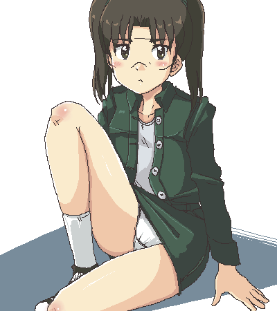 4040 (abonriya), amasawa yuuko, dennou coil, lowres, 00s, 1girl, brown eyes, brown hair, female focus, glasses, miniskirt, oekaki, panties, pantyshot, short hair, simple background, sitting, skirt, solo, twintails, underwear, white background