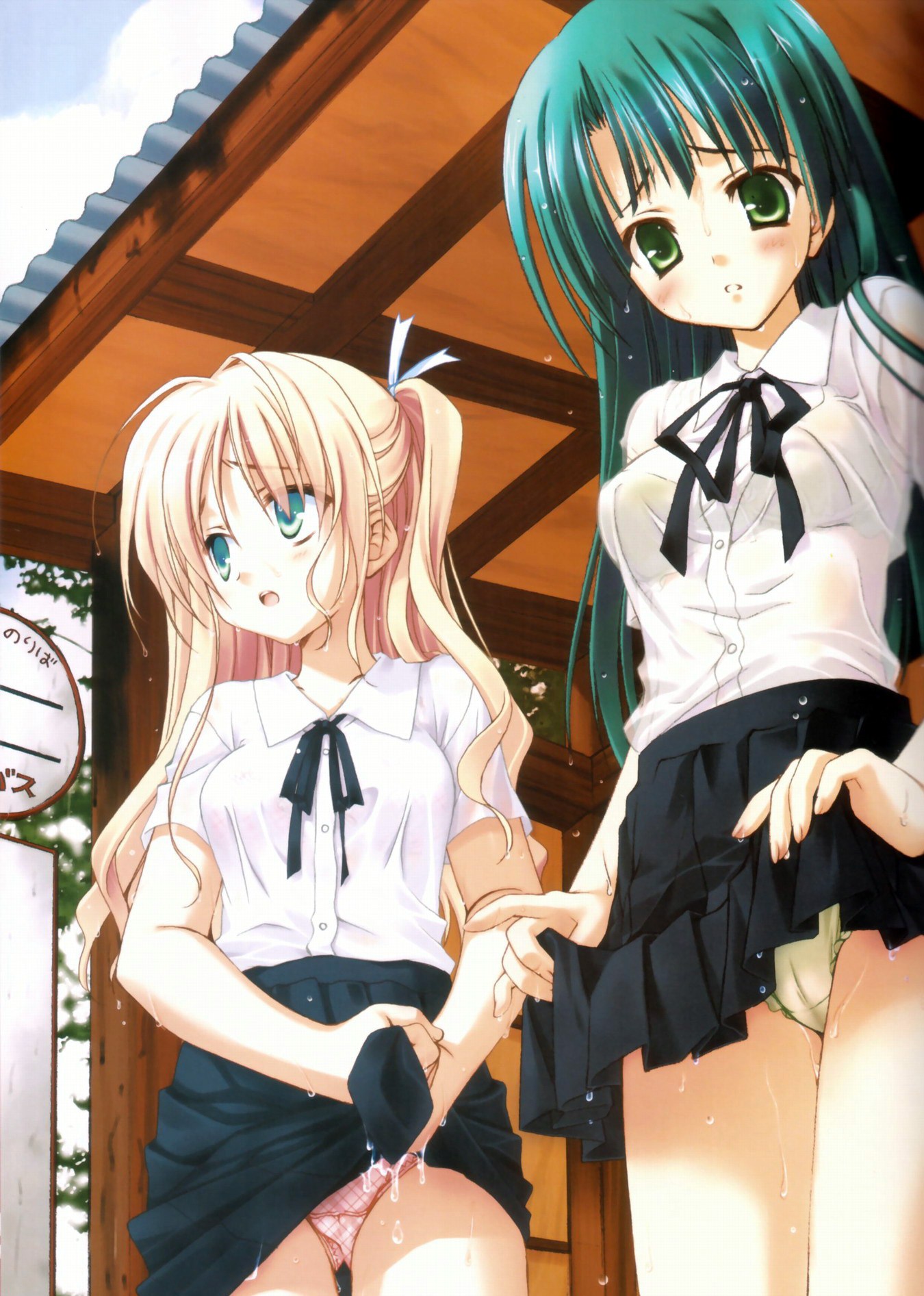 highres, 2girls, clothes lift, multiple girls, panties, pantyshot, school uniform, serafuku, skirt, skirt lift, underwear, wet, wet clothes