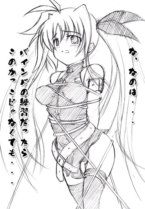 kunon, fate testarossa, fate testarossa (true sonic form), lyrical nanoha, mahou shoujo lyrical nanoha, mahou shoujo lyrical nanoha strikers, 00s, greyscale, monochrome, rope, sketch, solo, thighhighs