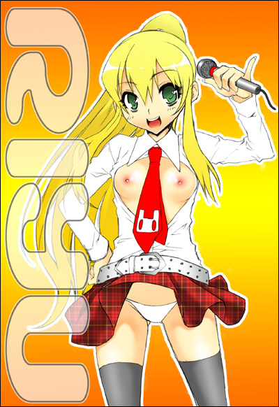 original, 1girl, female focus, microphone, necktie, nipples, open clothes, open shirt, panties, shirt, solo, thighhighs, underwear, wind, wind lift, zettai ryouiki